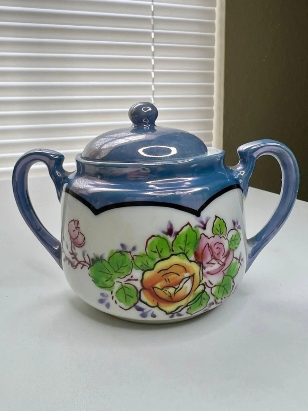 Antique Hand Painted Art Deco Lusterware Sugar Bowl With Lid Japan 4